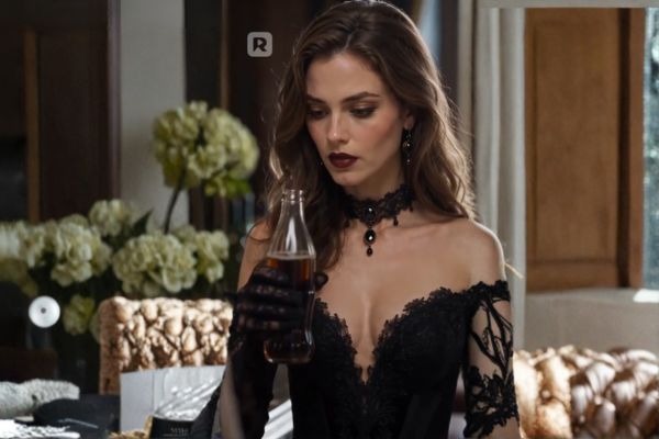 امرأة بفستان أسود تفحص زجاجة داكنة تحملها بيدها.