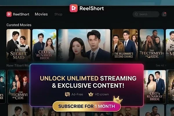 Une bannière d’abonnement ReelShort sur la bibliothèque de dramas verticaux