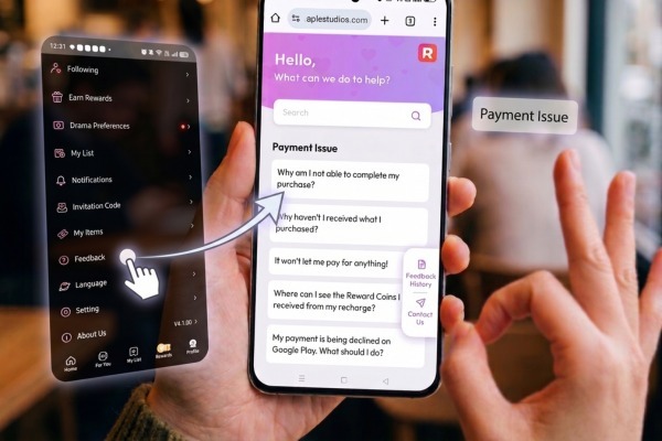 Deux téléphones affichent les options de problème de paiement du portail ReelShort
