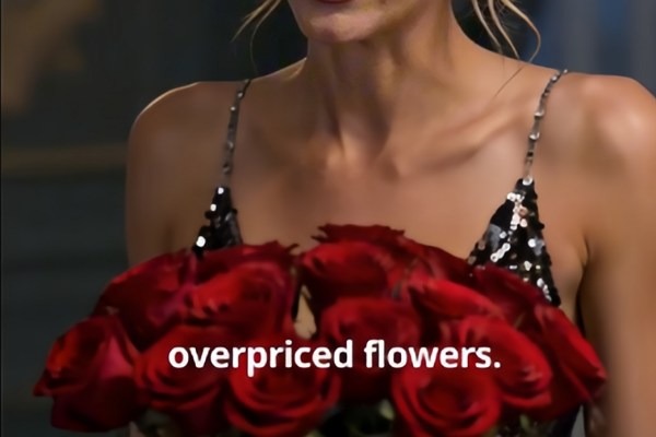 Christine segura um grande buquê de rosas vermelhas
