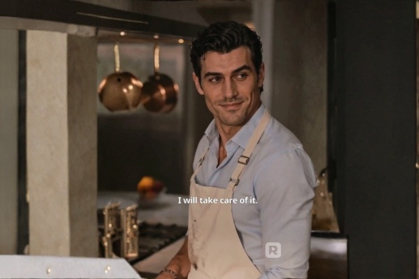 Elijah cozinha usando um avental em uma cozinha moderna