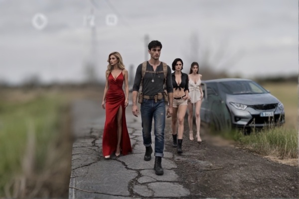 Wade caminha por uma estrada nos ermos acompanhado por três mulheres