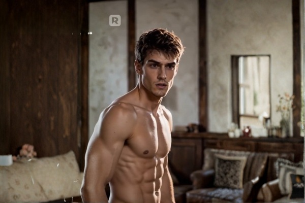 Wade sem camisa em um quarto rústico
