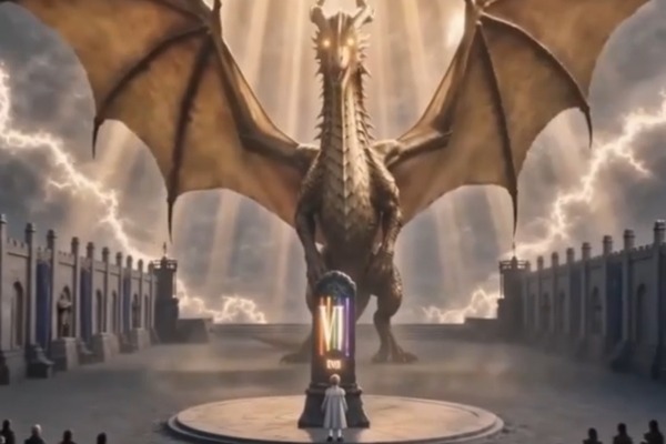 Um dragão gigante surge sobre a Pedra do Dragão durante o teste.