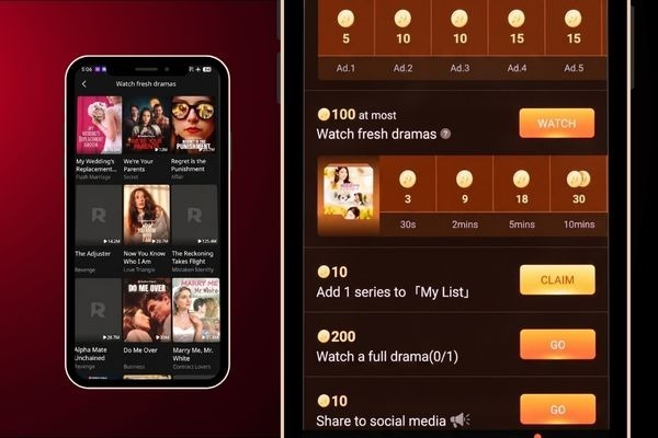 แอป ReelShort และรายการภารกิจรางวัลที่แสดงคู่กัน